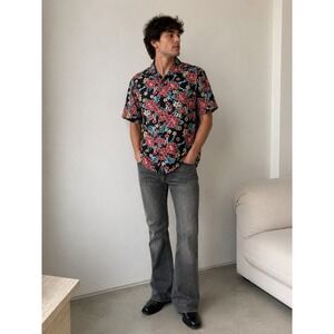 Hurley Lido Stretch Shirt Mens Medium Black Hawaiian Floral Button Up Casual NWT